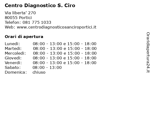 Orari di apertura Centro Diagnostico S. Ciro Via liberta